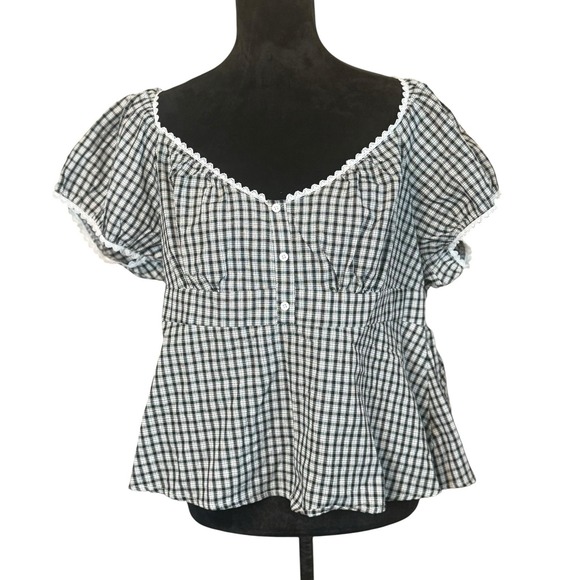 SHEIN Tops - Women's Black White Gingham Check Cropped Top 2XL Milkmaid Peasant Puff Sleeve